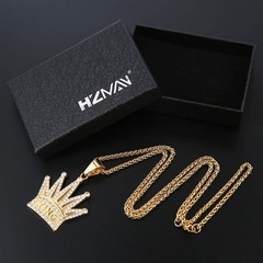 HZMAN 18k Gold Plated Cz Inlay King Crown Stainless Steel Pendant Necklace Su…