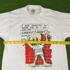 Vintage 90s Fruit of the Loom White Alien Character Cruddy T-Shirt Sz S