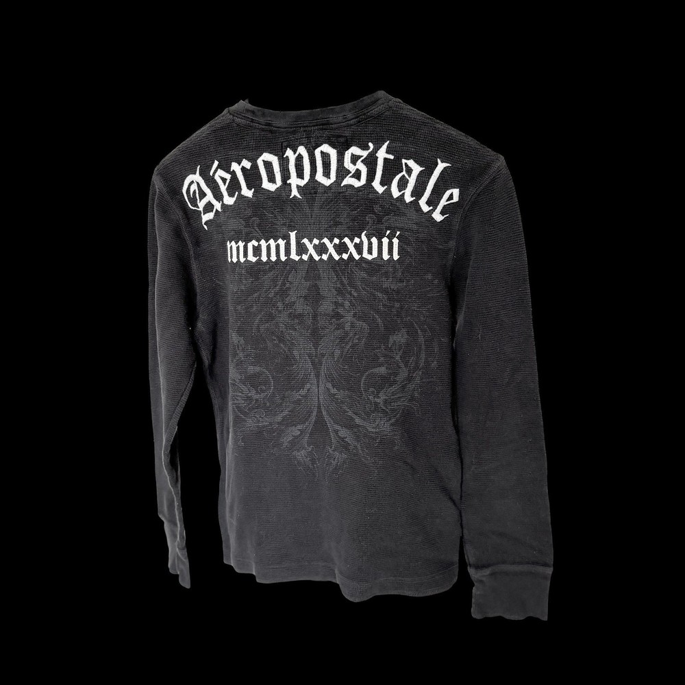 Y2K Aeropostale Black Waffle Knit Thermal Shirt Gothic Logo Biker Medium