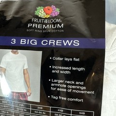 Fruit Of the Loom Undershirts T-Shirt 3-pk Big Man Crew Neck 2XB White NEW
