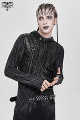 Devil Fashion Men Black And Gray Striped Gothic Asymmetric Hooded T-Shirt Tops