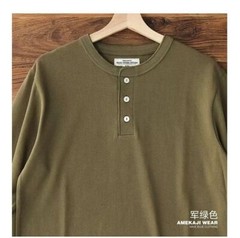Vintage Men Long Sleeve Henry T-Shirt Pure Color Cotton Shirts Casual Tops