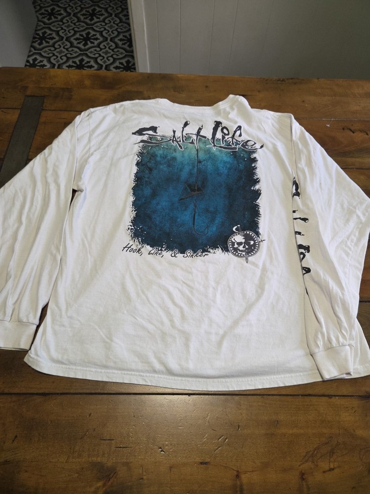 Salt Life Hook Line and Sinker Long Sleeve Shirt Mens XL White Graphic Tee