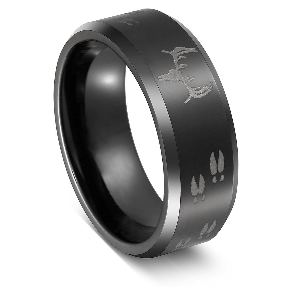 8mm Black Etched Deer Head Tungsten Carbide Wedding Band Men’s Hunting Ring S…