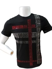 Men’s Italian fashion Short Sleeve black T-shirt rhinestone Red/Silver Greek Key
