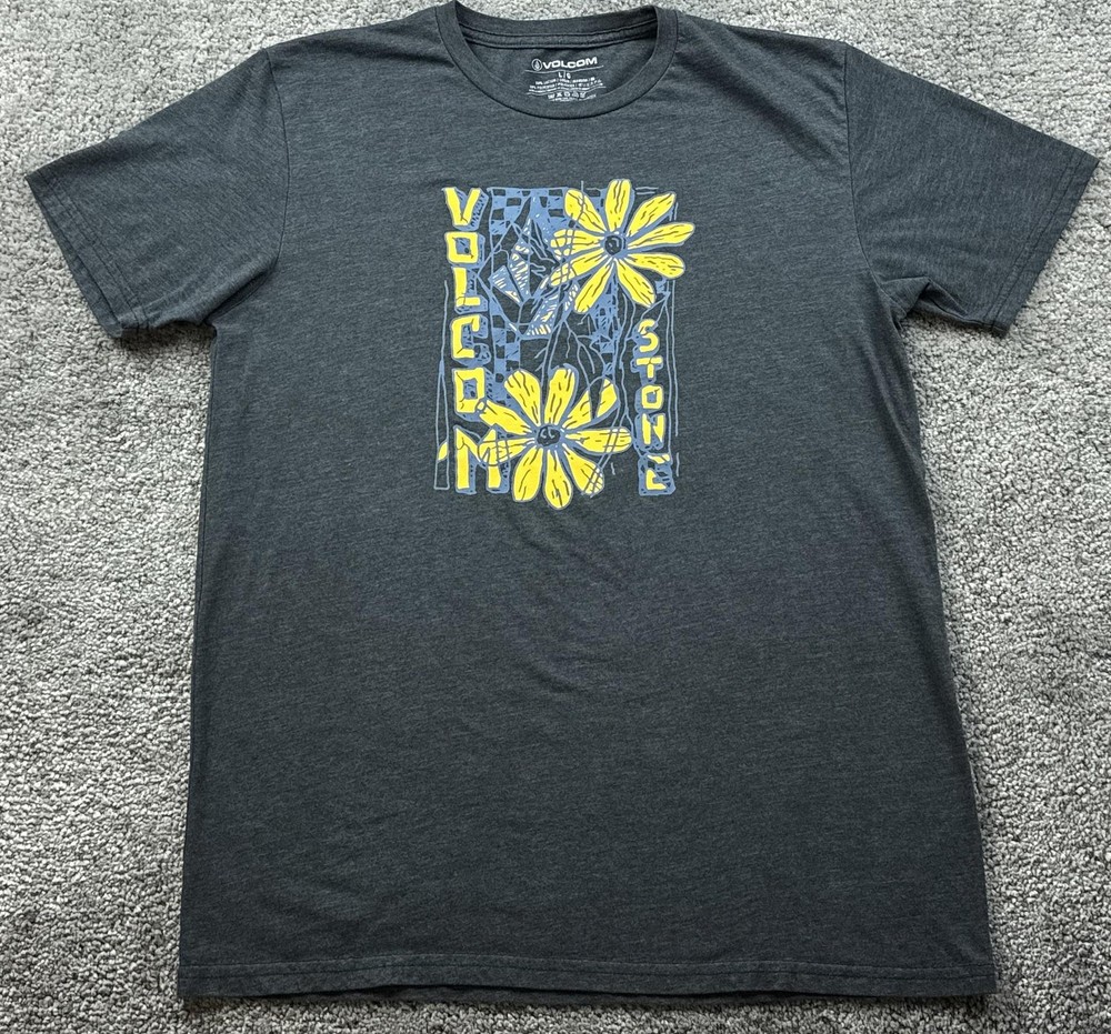 Volcom Shirt Mens Large Gray Floral Volcom Stone Graphic Skateboarding T-Shirt