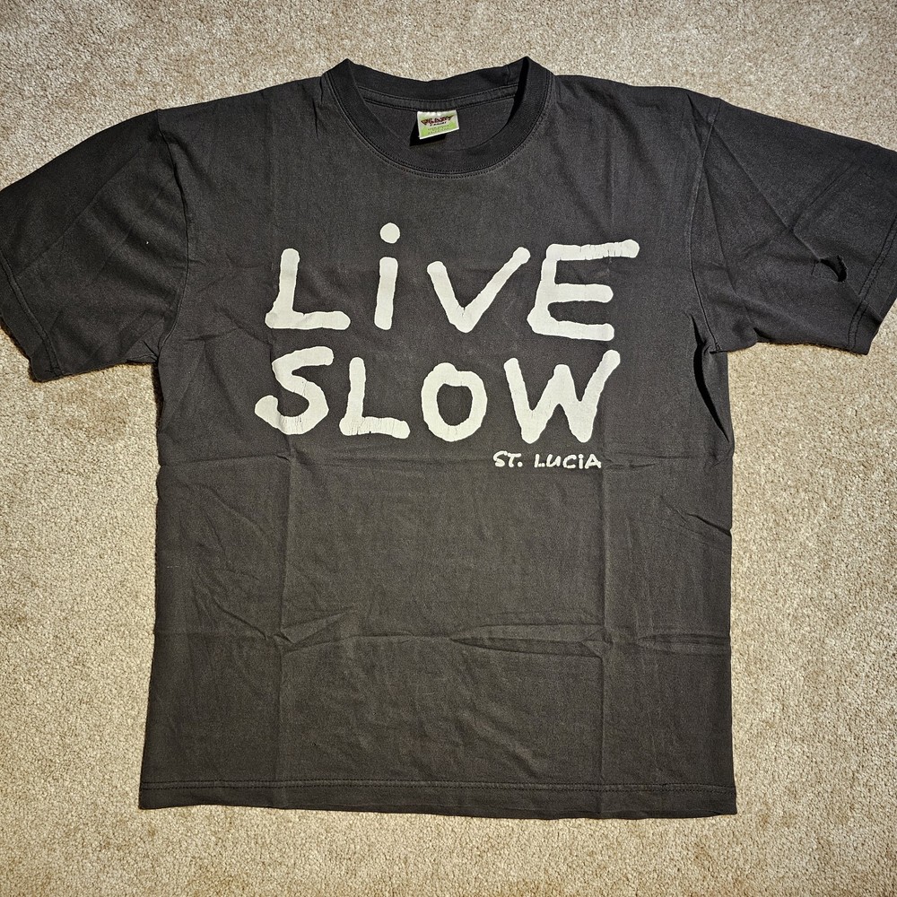 Vintage 90s Live Slow Work Less St Lucia T-shirt Mens L Goth Grunge Beach Stoner