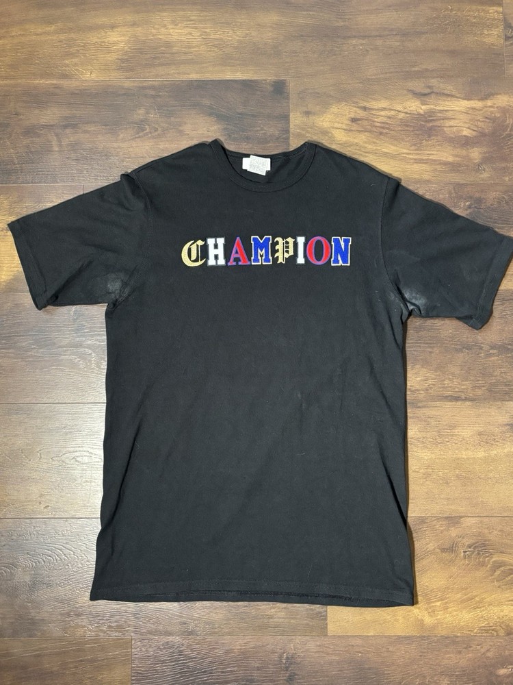 Champion Men’s Large Black T-Shirt Multicolor Old English Spellout Vintage Logo