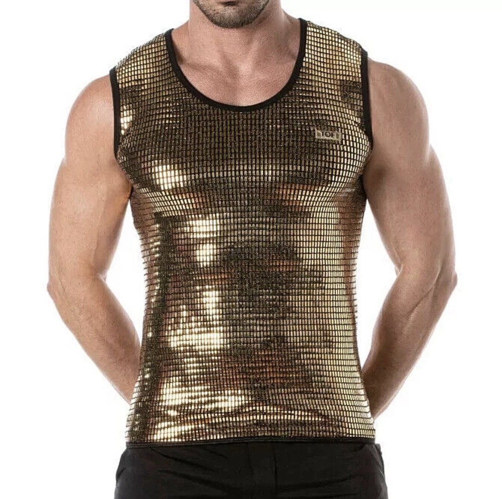 TOF Paris Sequin Tank Top, Designer, Disco, Gold, Sleeveless, Reflective