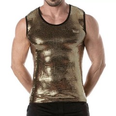 TOF Paris Sequin Tank Top, Designer, Disco, Gold, Sleeveless, Reflective