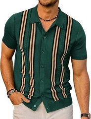 Mens Vintage Striped Knitted Polo Shirt Short Sleeve Button Down Golf Casual Top