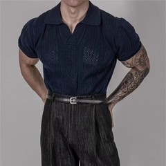 Men Hollow Lapel T Shirt Knitted Texture Fabric Korean Style for Daily Outings
