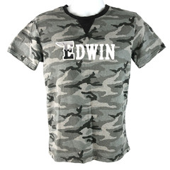 Edwin Jeans Japan Mens T-Shirt size Small Gray Camo V-Stitch Collar Embroidered