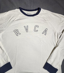 RVCA T-Shirt Men Medium Off White Blue Crew Neck Long Sleeve Tee Logo Pull Over