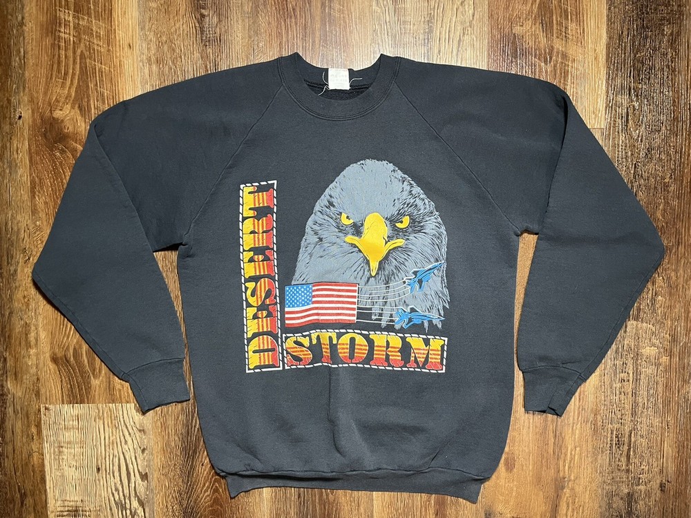 Vintage Desert Storm Bald Eagle Crewneck Made In USA Large American Flag Jets