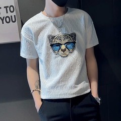 Men’s Designer Embroidered Leopard Head T-Shirt Slim Fit Casual Summer Tee