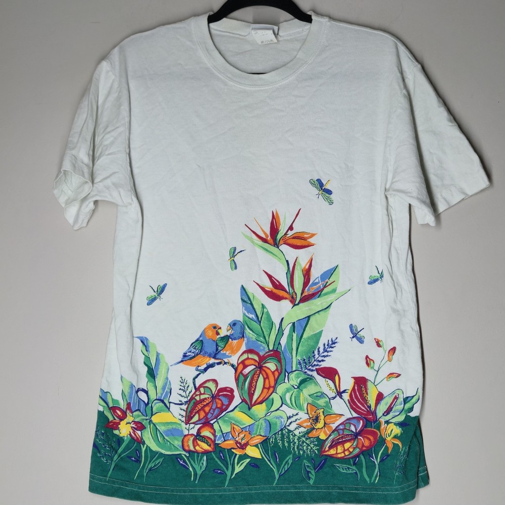 Vintage Bird Garden All Over Print Nature T-Shirt Basic Editions Size Small