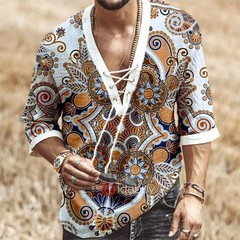 Men’s Fashion Shirt Short Sleeve Beach V-Neck Drawstring Printing Yoga Africa…