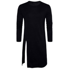 Men Asymmetric Longline T-shirt Tee Split Casual Top Shirt Long Sleeve Slim Sexy