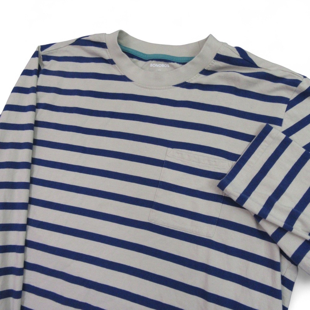Bonobos Mens T-Shirt Long Sleeve XL Beige/Navy Striped Pocket 100% Cotton