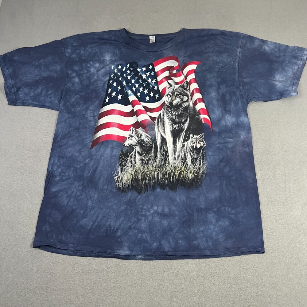 Pack of Wolves American Flag Mountain Tie-Dye T-shirt 3XL Blue