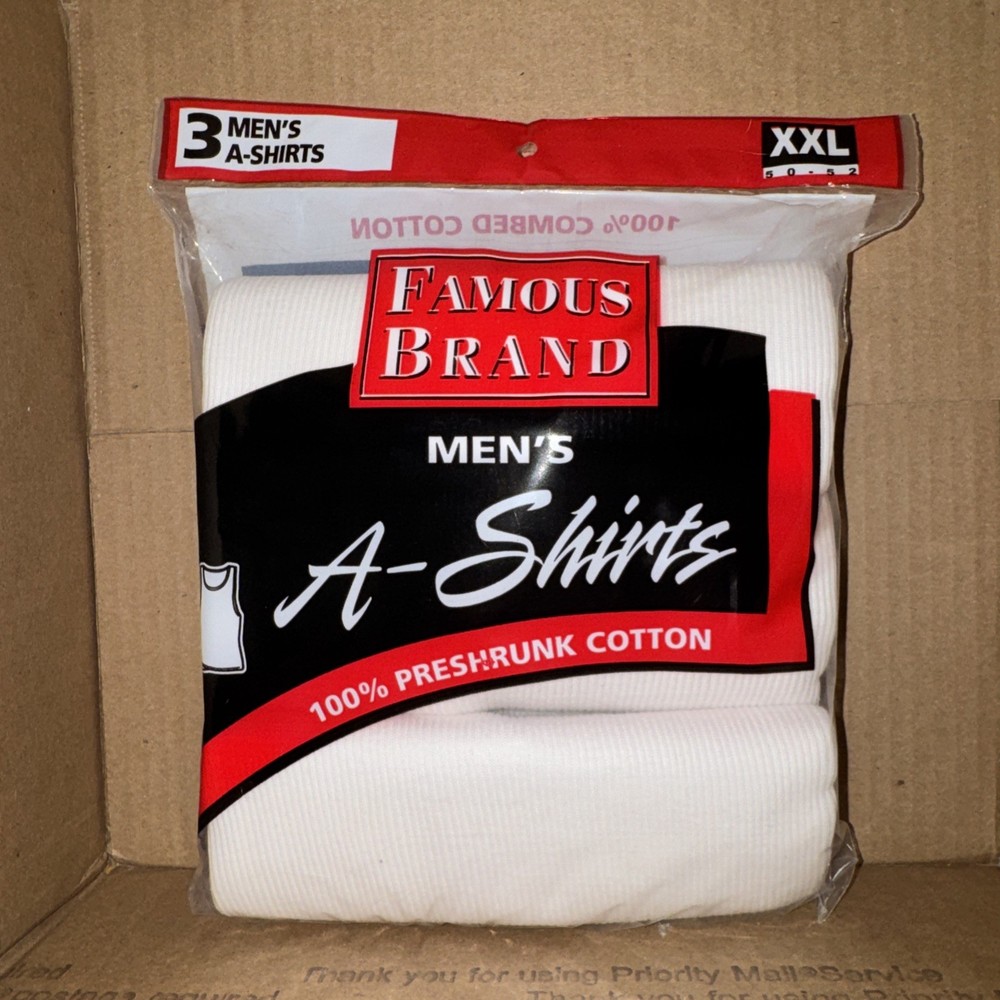 Famous Brand Men’s A-Shirts XXL (50-52) White NEW IN PACKAGE. 3 Pk