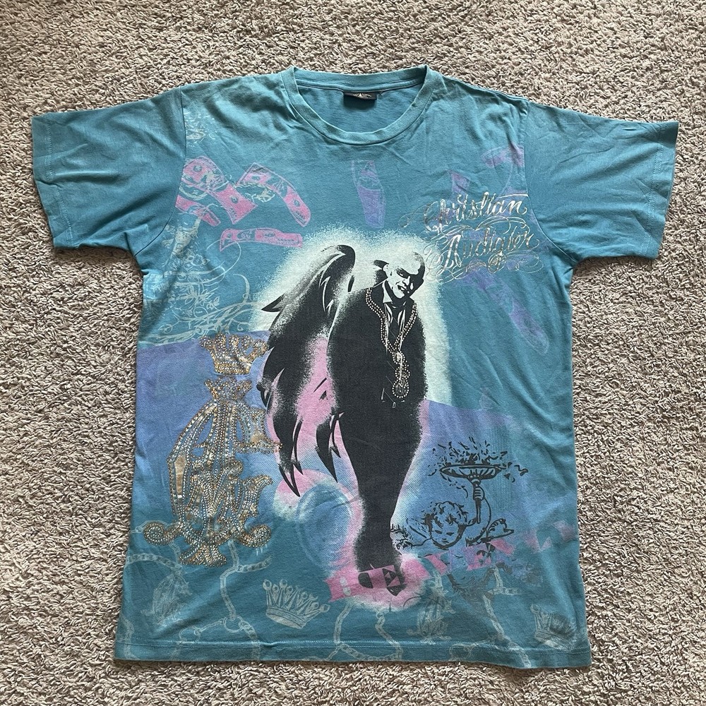 Rare Vtg 2008 Christian Audigier Blue Heavenly Foil Shirt XL City of Angels