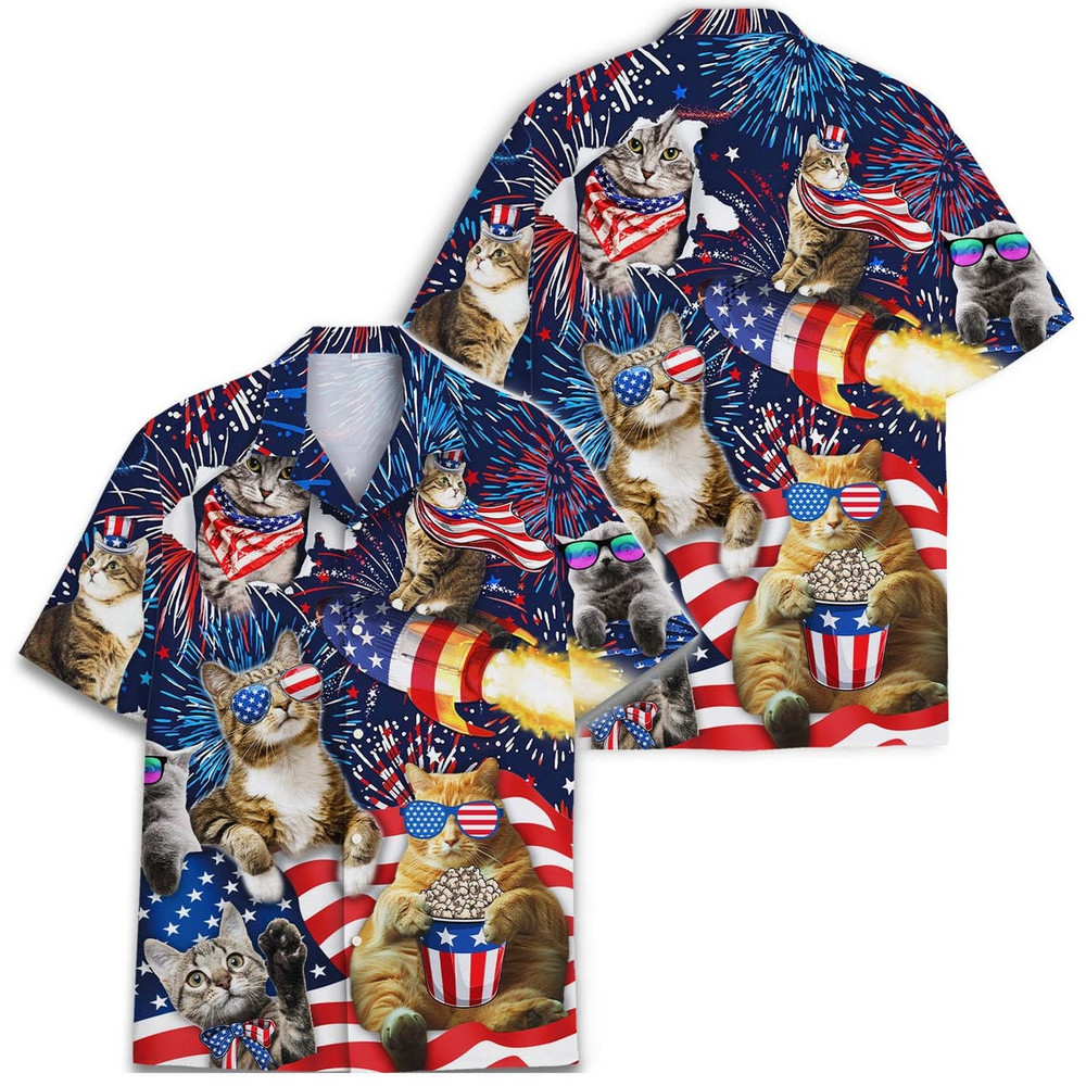 Funny Cat Hawaiian Shirt Patriotic USA 4th of July, Short Sleeve Full size
