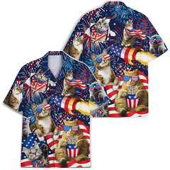 Funny Cat Hawaiian Shirt Patriotic USA 4th of July, Short Sleeve Full size