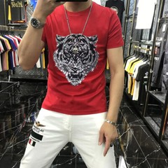 New Fashion Hot Drill Tiger Rhinestones Trend Cotton Summer Luxury Men T-Shirt