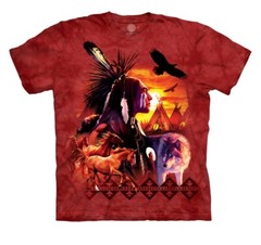 Wolf Horse Eagle Chief American Indian Collage Sunset Mountain Red Shirt S-3X