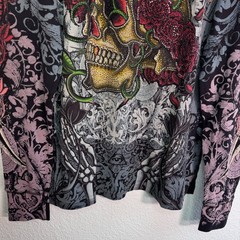 Christian Audigier Shirt Mens XL Thermal Skull Rose Rhinestone Y2K Tattoo NEW