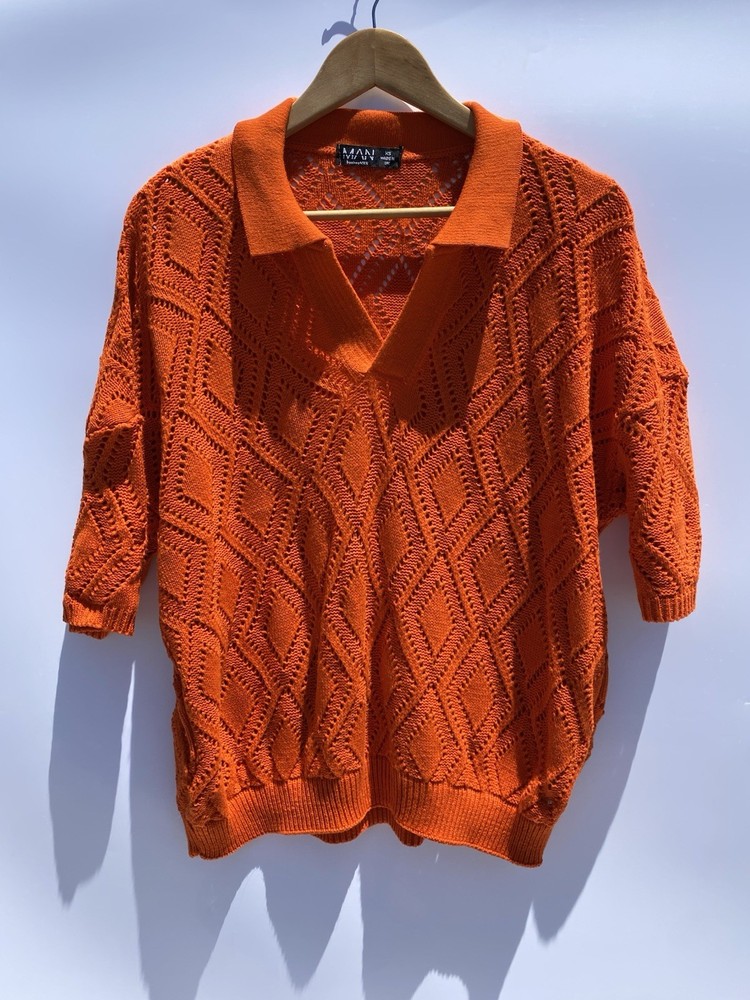 Boohoo Man Orange Boxy Oversized Pattern Open Stitch Stretch Short Sleeve XS