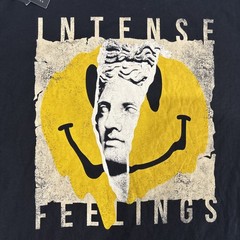 Intense Feelings Denim And Flower Graphic Tee Smiley Face Black Yellow NWT Large