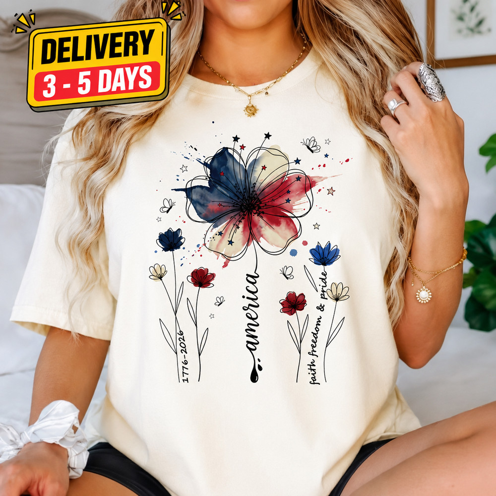 USA 250th Anniversary Comfort Colors Floral Tee, 1776-2026 Patriotic Shirt