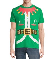Holiday Time Mens Christmas T-Shirt 3XL Green Jingle Bell Short Sleeve Crew Neck