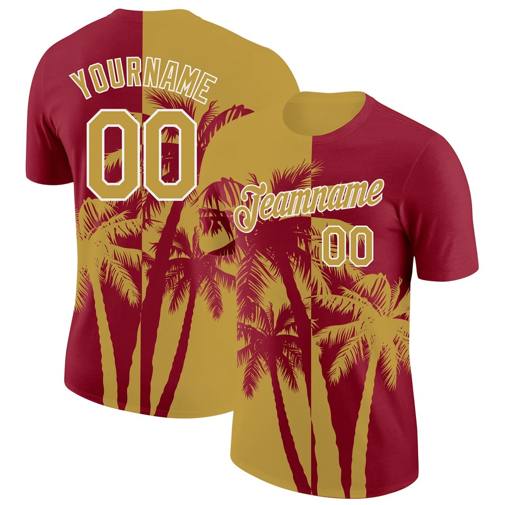 Custom Crimson Old Gold White Hawaii Palm Tree T-Shirt Tropical Summer Beach