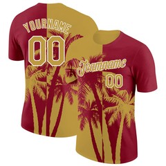 Custom Crimson Old Gold White Hawaii Palm Tree T-Shirt Tropical Summer Beach
