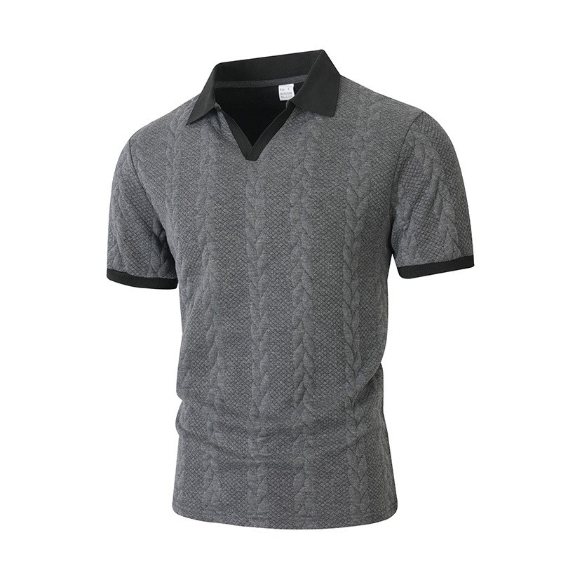Men’s Cable Knit Contrast Collar Polo Shirt Business Casual V Neck Summer Top