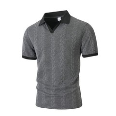 Men’s Cable Knit Contrast Collar Polo Shirt Business Casual V Neck Summer Top