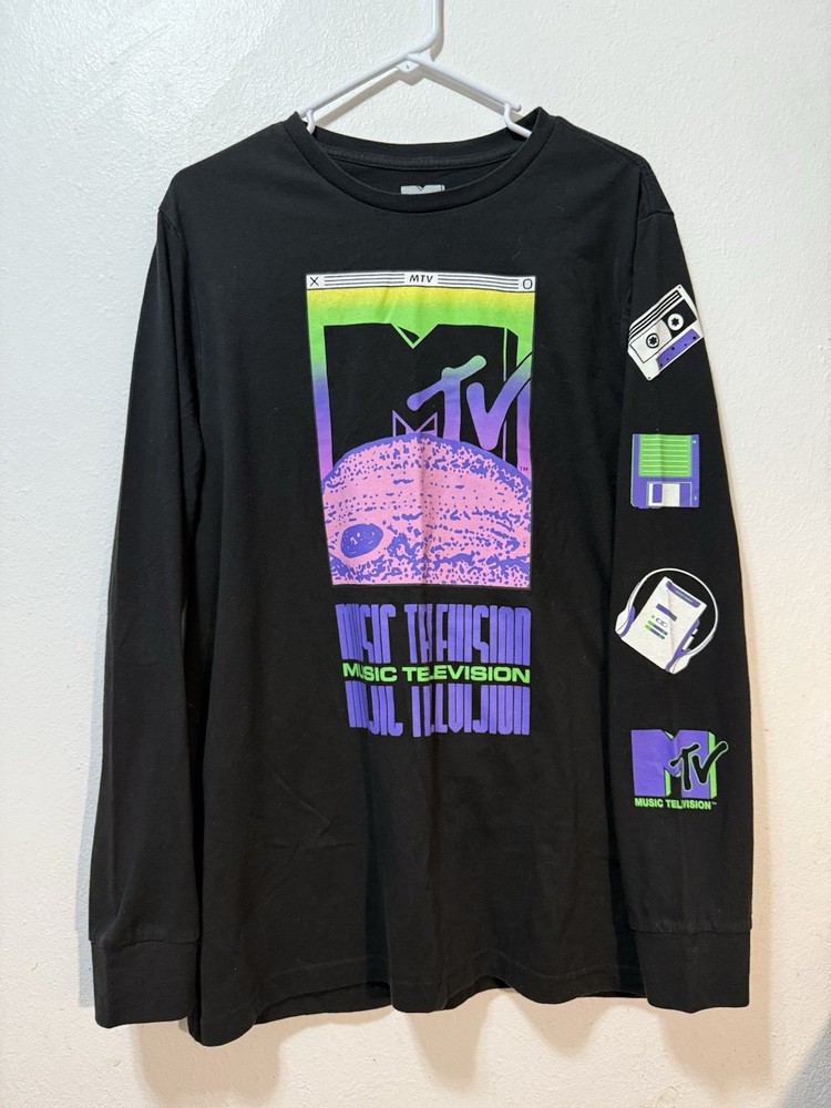 MTV Black Long Sleeve Tee with Neon Pink, Green & Purple Graphics XL Unisex