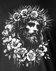 Jesus Portrait Roses 2-Sided Long Sleeve T-Shirt – Christ God Cross Faith