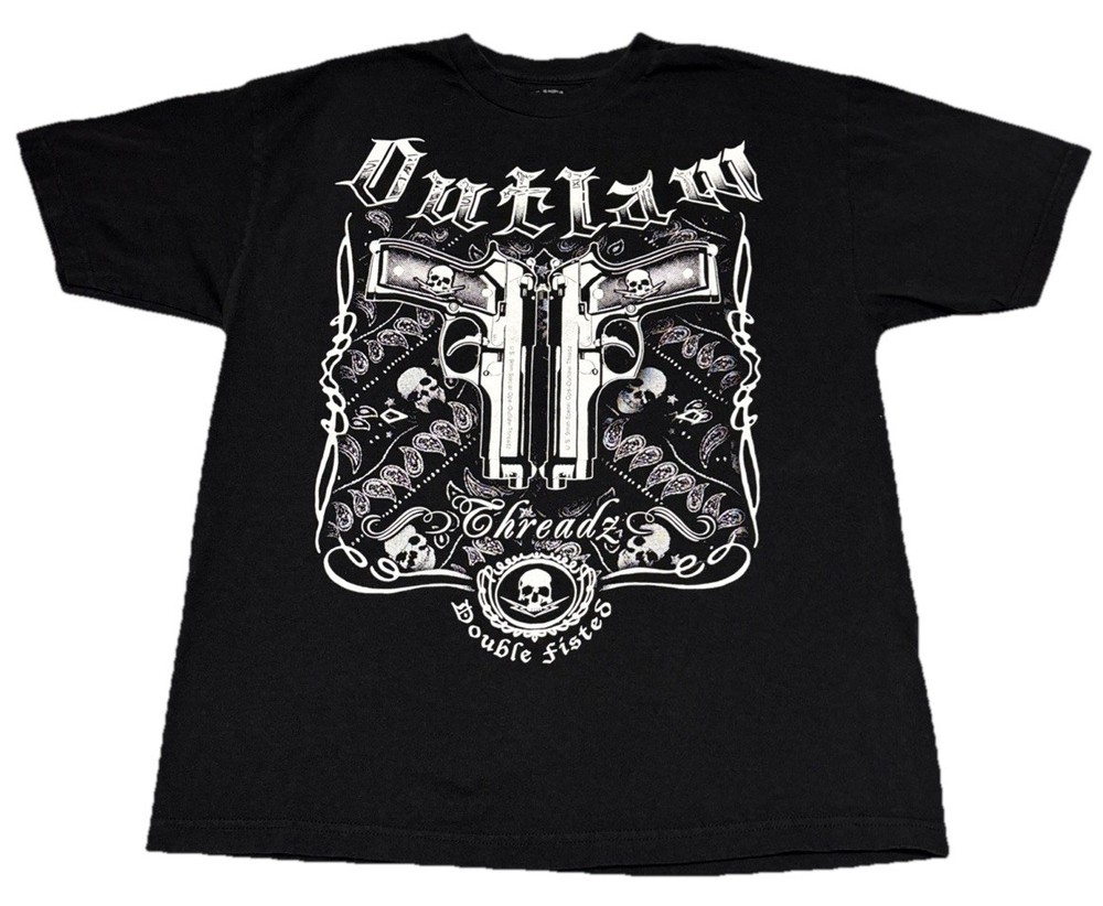 Outlaw Threadz Affliction Style Skull Guns Graphics Black T-shirt Size XL