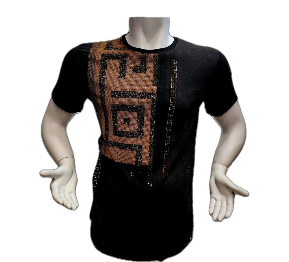 Men’s Italian fashion Short Sleeves black T-shirt rhinestone Golden Greek Key