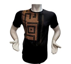 Men’s Italian fashion Short Sleeves black T-shirt rhinestone Golden Greek Key