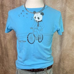 Y2K American Eagle Graphic Tee T-Shirt Blue Panda Bicycle Short Sleeve Hipster