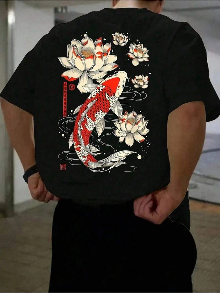 Men’S Casual Short-Sleeve T-Shirt Featuring a Koi Fish And Lotus Flower Print