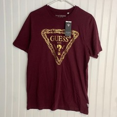 Guess Men Short Sleeve T-Shirt Gold Burgundy Crewneck Logo Triangle Size M