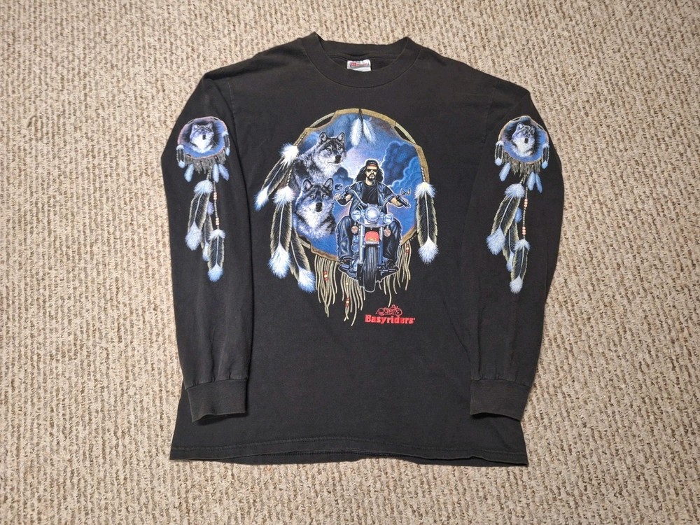 Vintage 90s Easyriders Wolf Biker Shirt Long Sleeve Motorcycle M Nature Native
