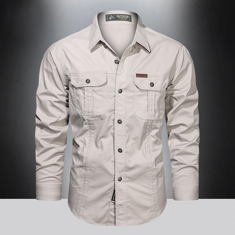Men’s Long-Sleeve Western Shirts Cotton Button-Up Military Style
